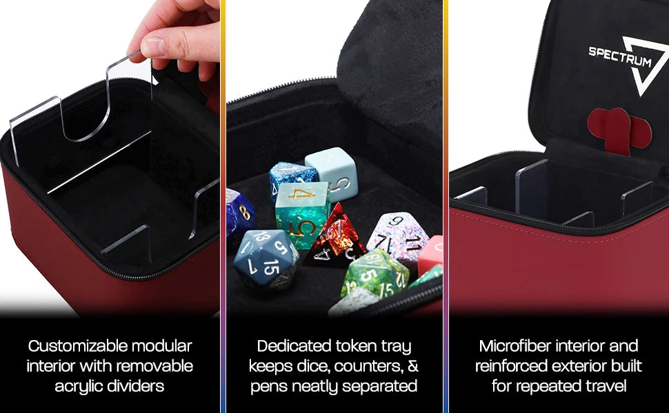 BCW Prism Deck Case - Matrix showcasing modular interior, token tray with polyhedral dice, and reinforced exterior for secure card and accessory storage.