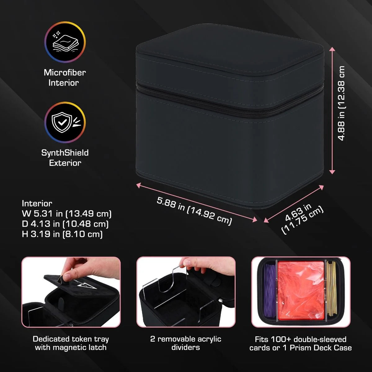 BCW Prism Deck Case - Matrix: Black zippered cube with microfiber interior, SynthShield exterior, token tray, removable dividers, fits 100+ double-sleeved cards.