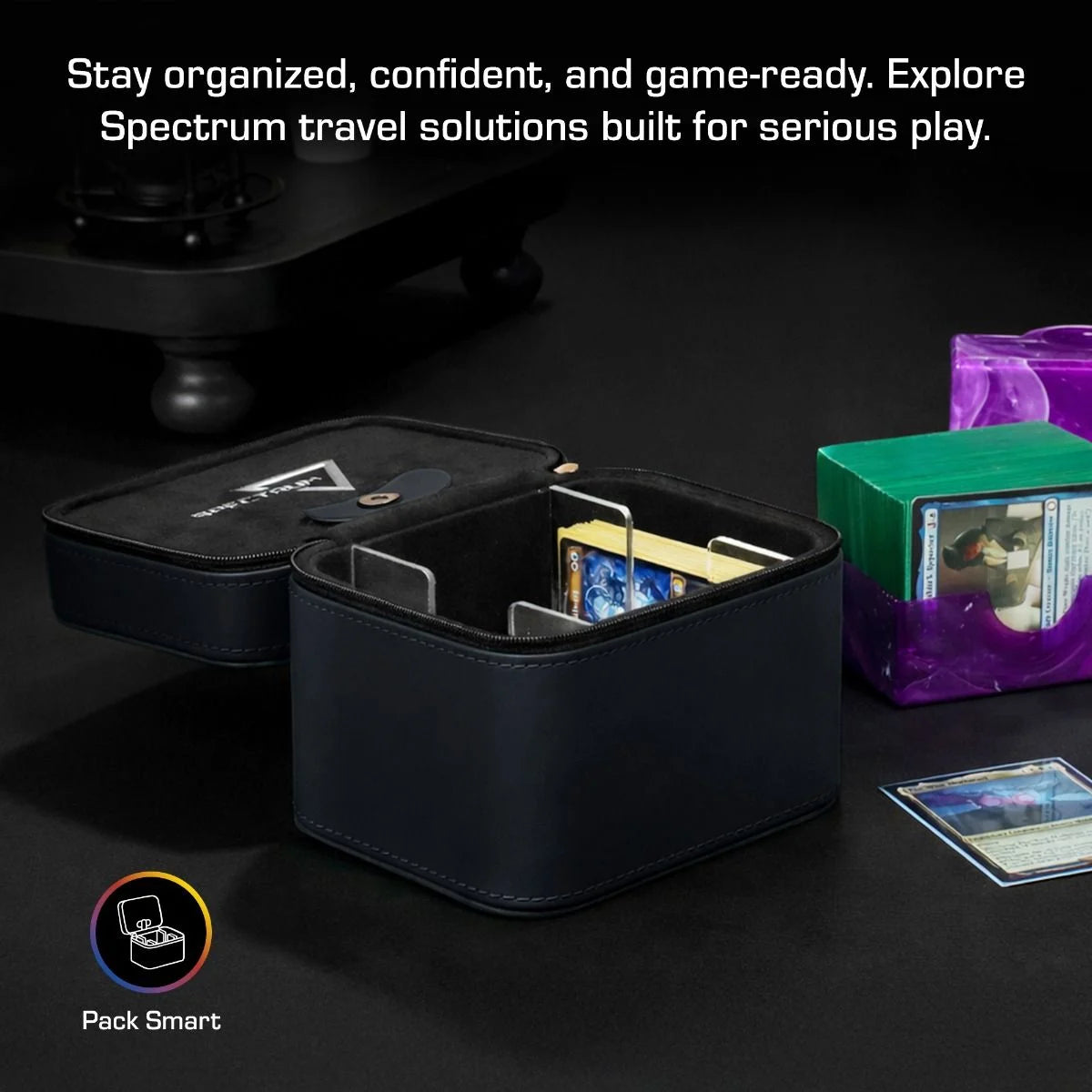 BCW Prism Deck Case - Matrix open, displaying foam compartments with cards, deck boxes, and a card on a table, emphasizing organization for trading card gamers.