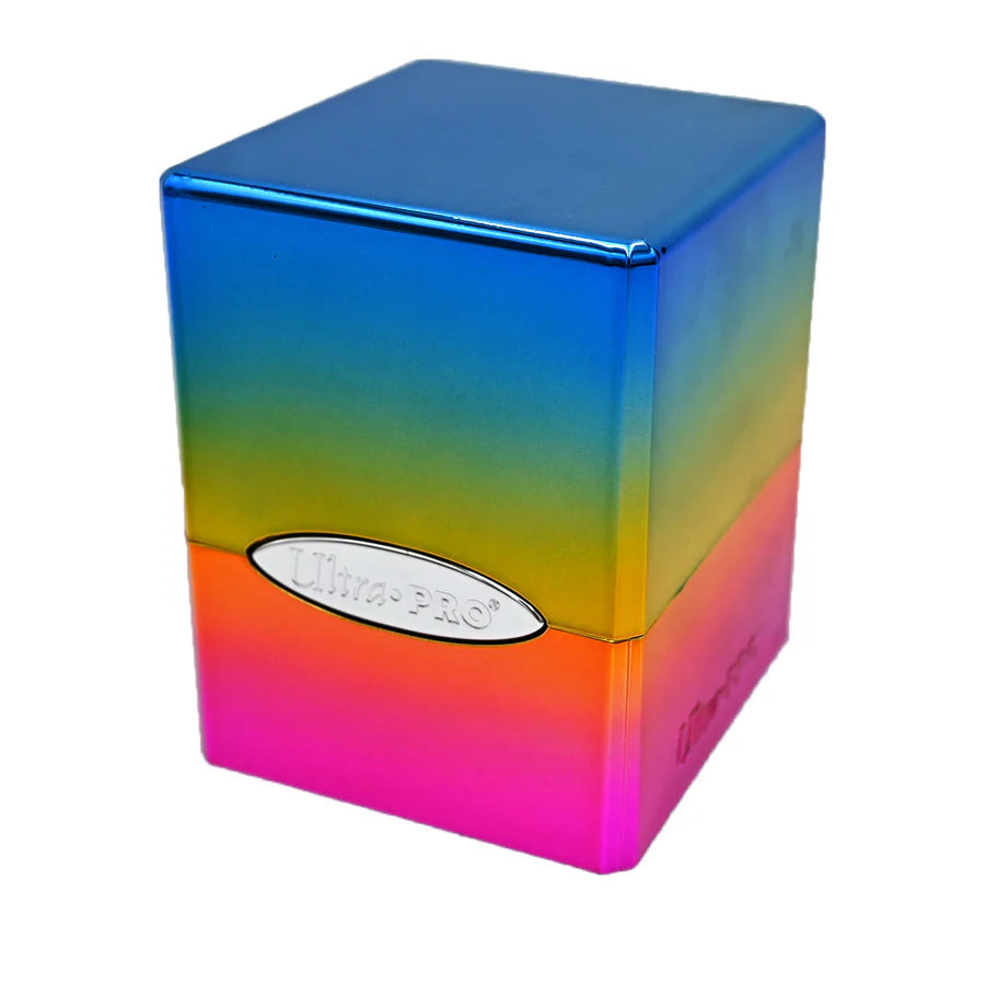 Ultra PRO: Satin Tower: Hi-Gloss Rainbow Deck Box, a durable storage box for 100+ cards, features a secure snap-fit lock and vibrant gradient finish.