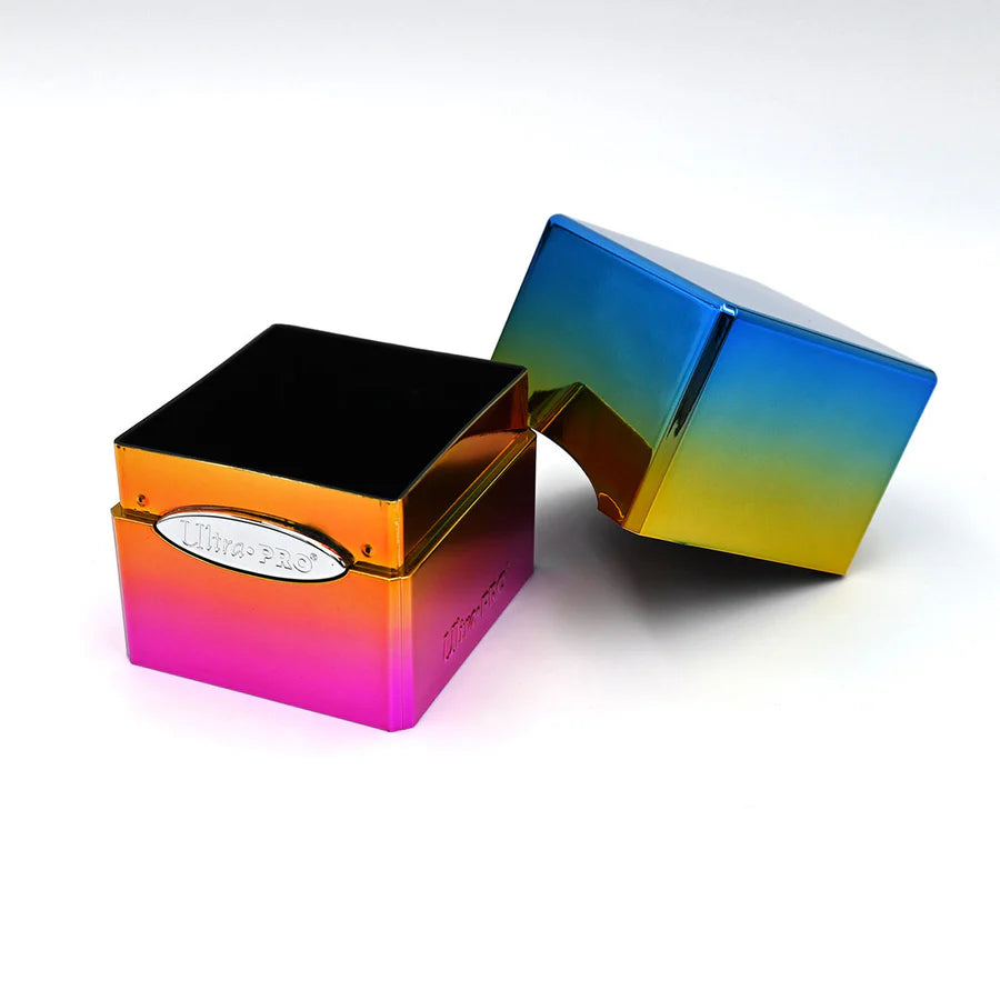 Ultra PRO: Satin Tower: Hi-Gloss Rainbow Deck Box, a metallic container with an open lid, designed to securely hold 100+ trading cards.