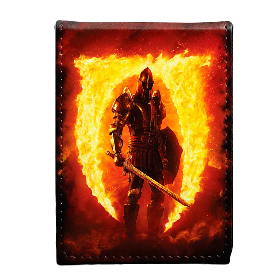 Ultra PRO Alcove Flip: The Elder Scrolls: Oblivion Remastered Deck Box, featuring a knight and fire scene, holds 100 double-sleeved cards, with a secure magnetic closure.