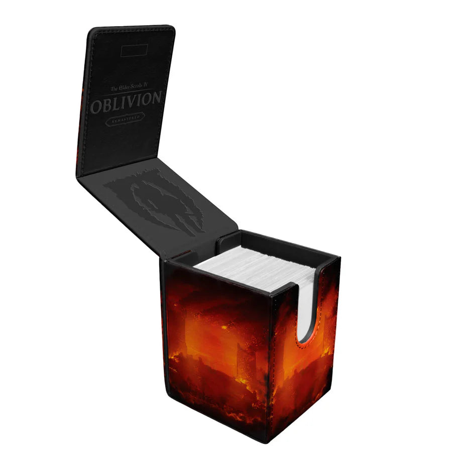 Ultra PRO Alcove Flip: The Elder Scrolls: Oblivion Remastered Deck Box, featuring Oblivion logo, volcanic-themed art, and magnetic closure, opens to reveal cards inside.