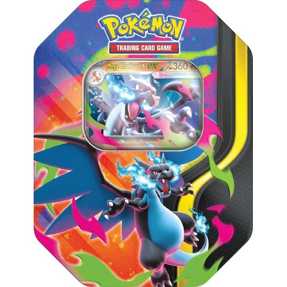 Pokémon TCG: Mega Charizard Tin featuring Mega Charizard X with a promo card and booster packs, showcasing vibrant flame motifs.