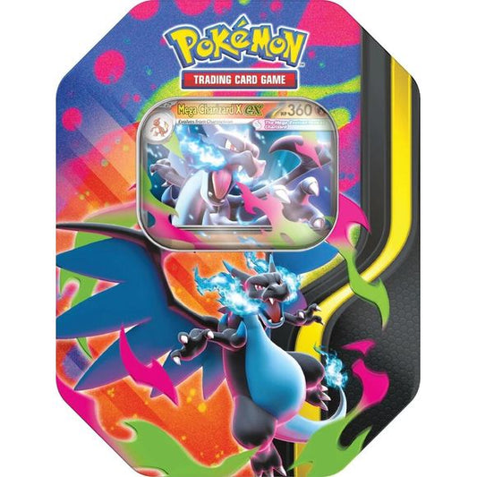 Pokémon TCG: Mega Charizard Tin featuring Mega Charizard X with a promo card and booster packs, showcasing vibrant flame motifs.