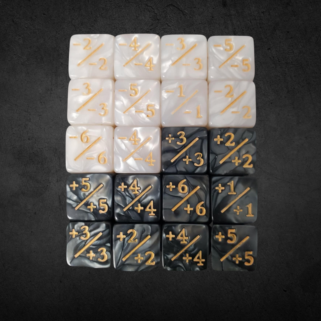 Counter and Stat Tracking Dice Set featuring 20 custom six-sided dice for tracking power changes, ideal for MTG games.