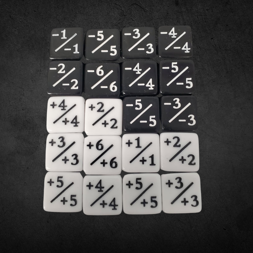 Counter and Stat Tracking Dice Set: 20 black and white plastic tiles with positive and negative values for tracking power and toughness in tabletop games.