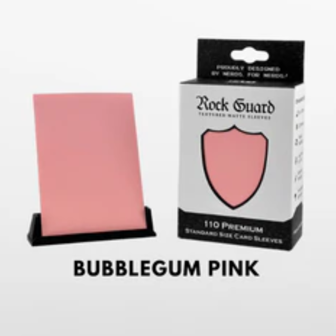 Nerd Gear Rock Guard Premium MTG Textured Matte Sleeves - 110 Pack, featuring bubble-gum pink sleeves, propped beside their retail box, ideal for card protection and smooth shuffling.