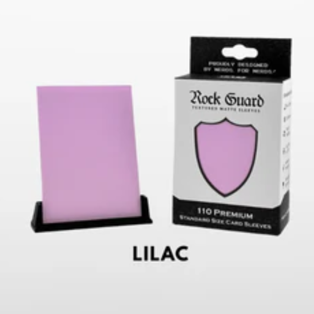 Nerd Gear Rock Guard Premium MTG Textured Matte Sleeves - 110 Pack, featuring a lilac sleeve, ideal for protecting and shuffling standard-size trading cards.