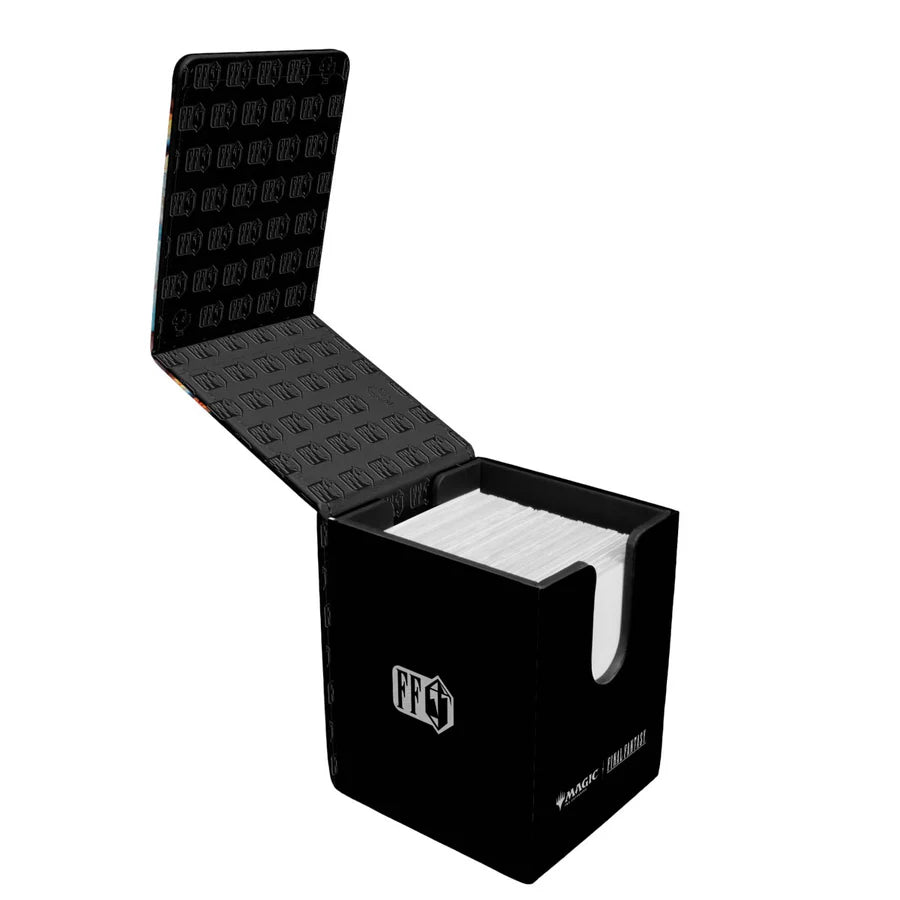 Ultra PRO Alcove Flip: Magic the Gathering: Final Fantasy: Y'shtola Rhul Deck Box open, displaying sleeved cards, highlighting strong magnetic closure and thumb notches for easy access.