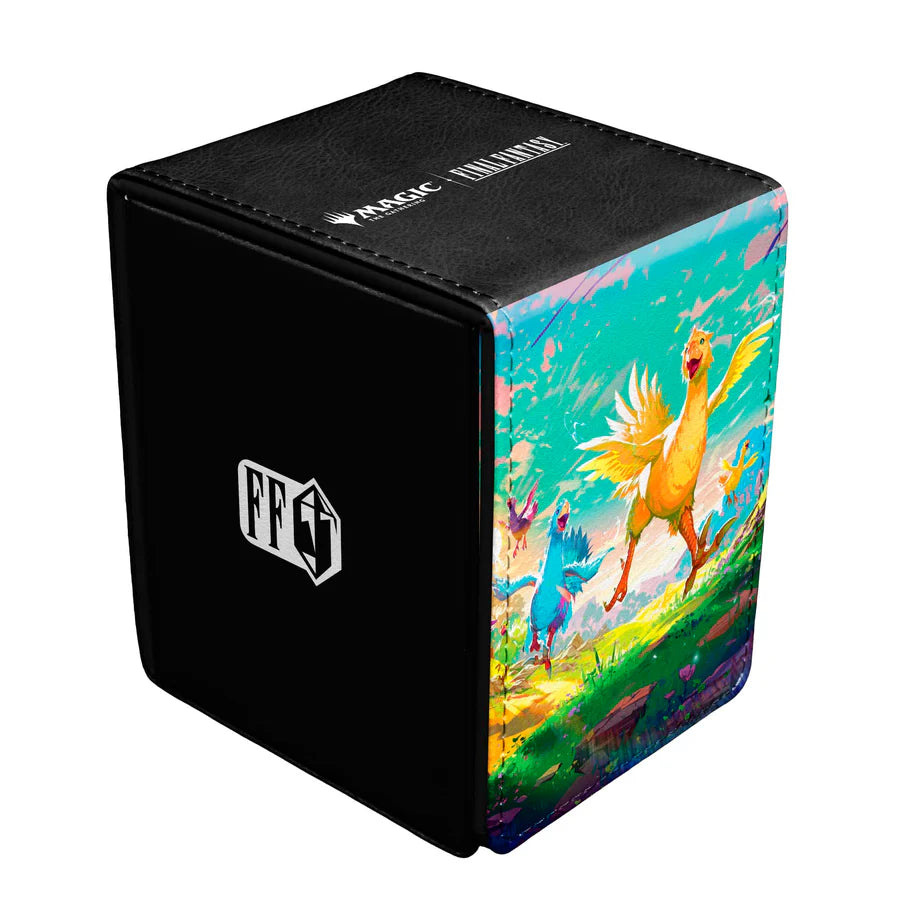 Ultra PRO Alcove Flip: Magic the Gathering: Final Fantasy: Chocobos Deck Box with logos, chocobo illustration, holds 100 cards, magnetic closure, thumb notches for easy access.