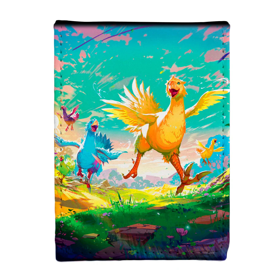 Ultra PRO Alcove Flip: Magic the Gathering: Final Fantasy: Chocobos Deck Box featuring colorful chocobo artwork, designed to securely hold 100 double-sleeved cards.