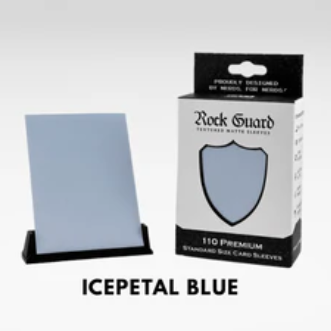 Nerd Gear Rock Guard Premium MTG Textured Matte Sleeves - 110 Pack displayed, featuring one sleeve in a tray and a matching sleeved-card box.