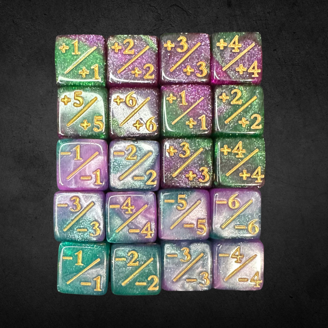 Counter and Stat Tracking Dice Set: 20 marbled D6 dice with gold numerals, showing “+n/⁺n” and “–n/–n” for tabletop game modifiers.