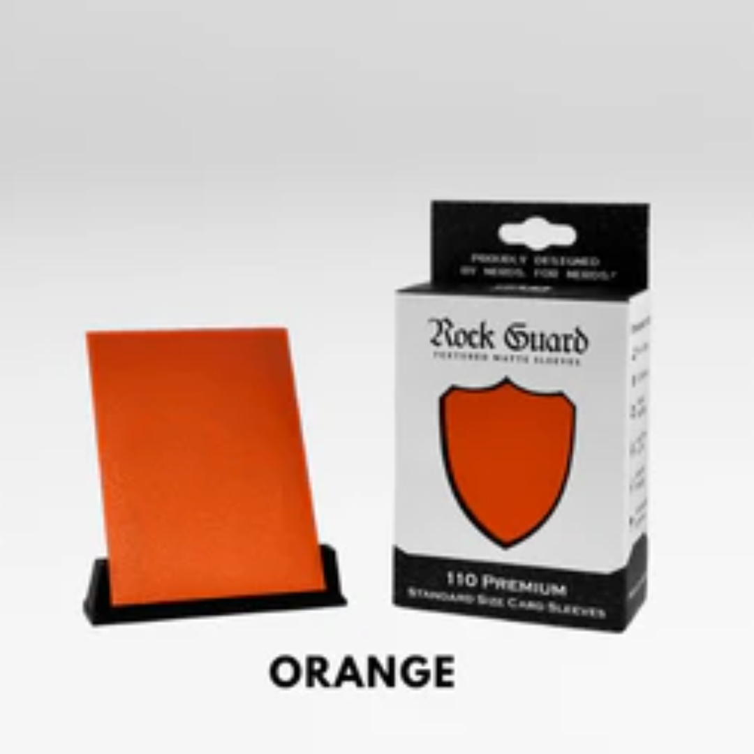 Nerd Gear Rock Guard Premium MTG Textured Matte Sleeves - 110 Pack, showcasing an orange sleeve with a box displaying 110 durable, non-stick, standard-size card sleeves.