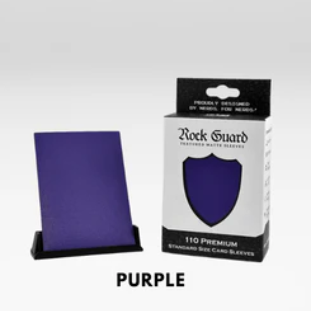 Nerd Gear Rock Guard Premium MTG Textured Matte Sleeves - 110 Pack displayed, featuring a purple sleeve, ideal for protecting and shuffling Magic cards.