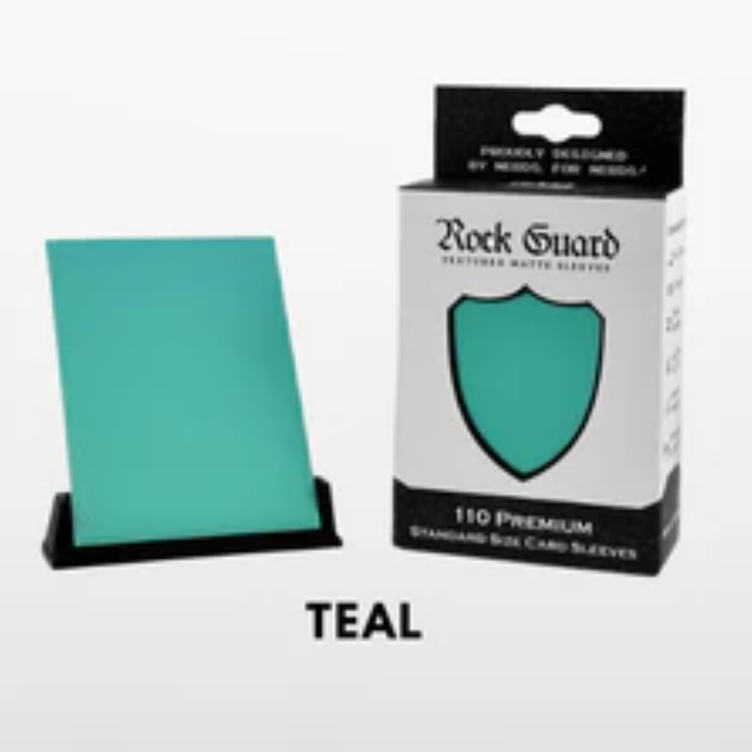 Nerd Gear Rock Guard Premium MTG Textured Matte Sleeves - 110 Pack, featuring teal sleeves and retail box, ideal for protecting and shuffling MTG decks.