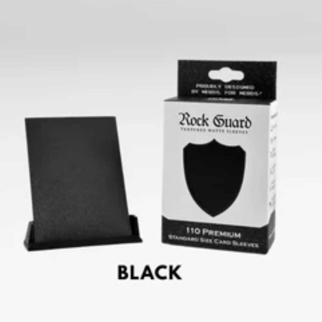 Nerd Gear Rock Guard Premium MTG Textured Matte Sleeves - 110 Pack, showcasing a box with a black sleeve, ideal for protecting standard-size MTG cards.