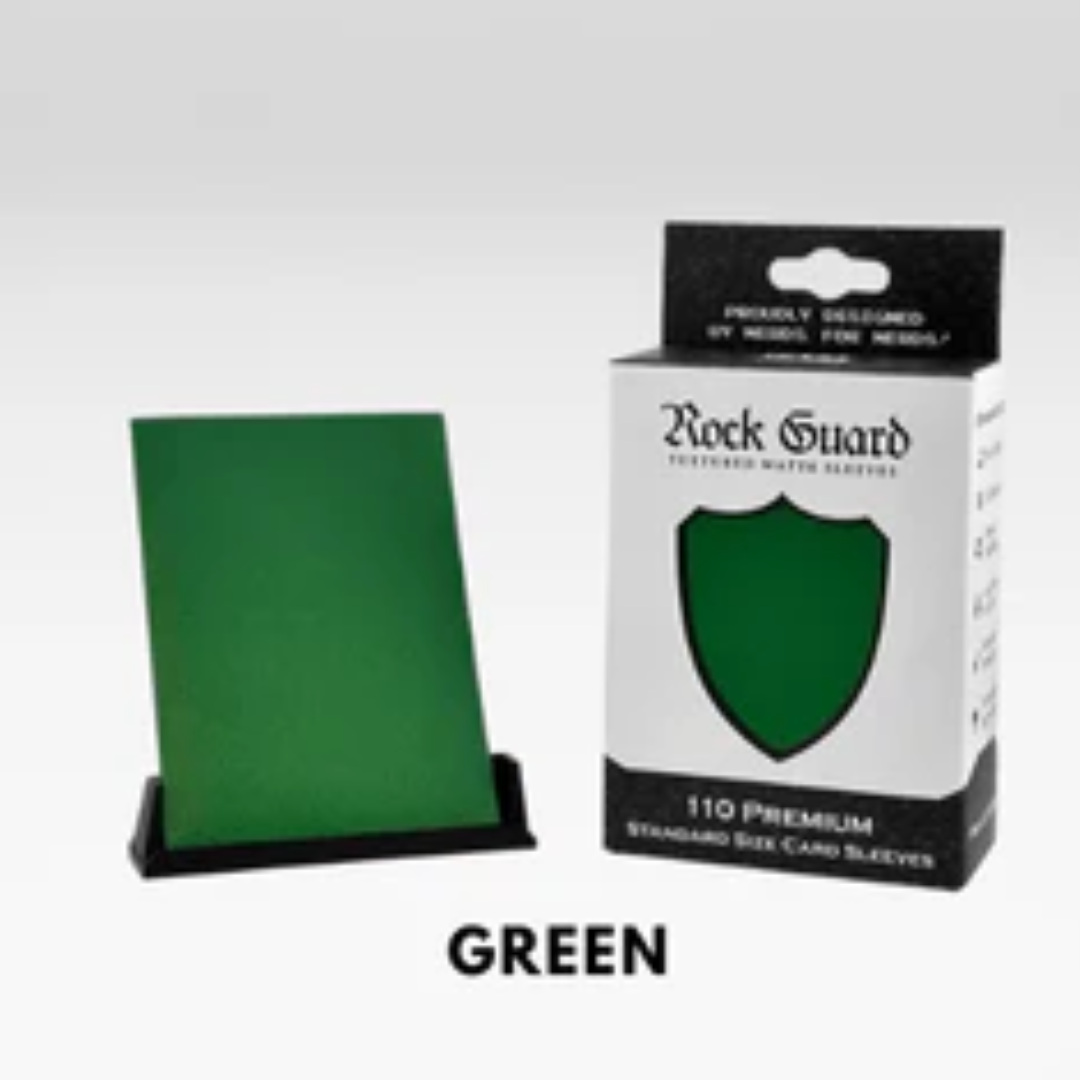 Nerd Gear Rock Guard Premium MTG Textured Matte Sleeves - 110 Pack, featuring green sleeves, perfect for card protection and smooth shuffling.