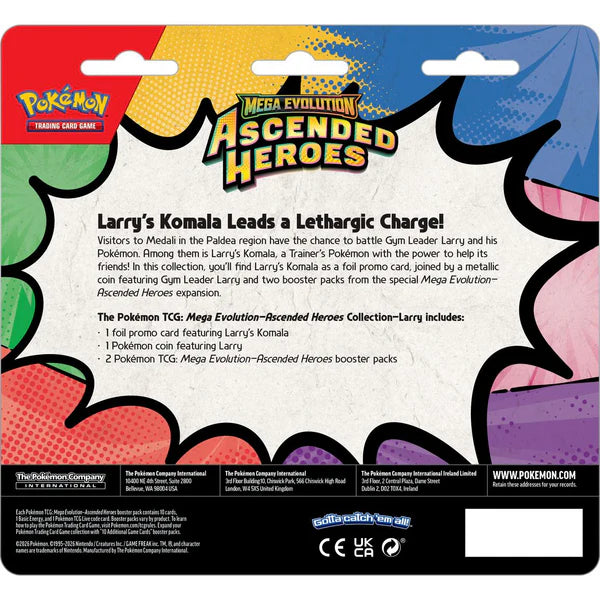 Promo blister pack back for Pokémon TCG: Mega Evolution 2.5: Ascended Heroes, featuring Larry's Komala card, metallic coin, and two booster packs.