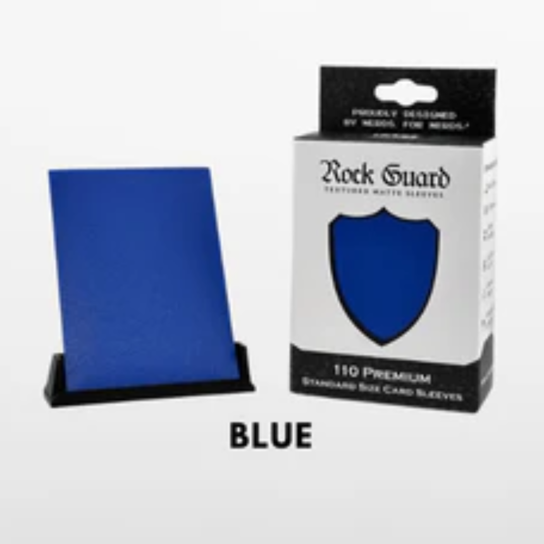 Nerd Gear Rock Guard Premium MTG Textured Matte Sleeves - 110 Pack displayed in retail box with blue-shield logo and one sleeve upright, ideal for card protection.