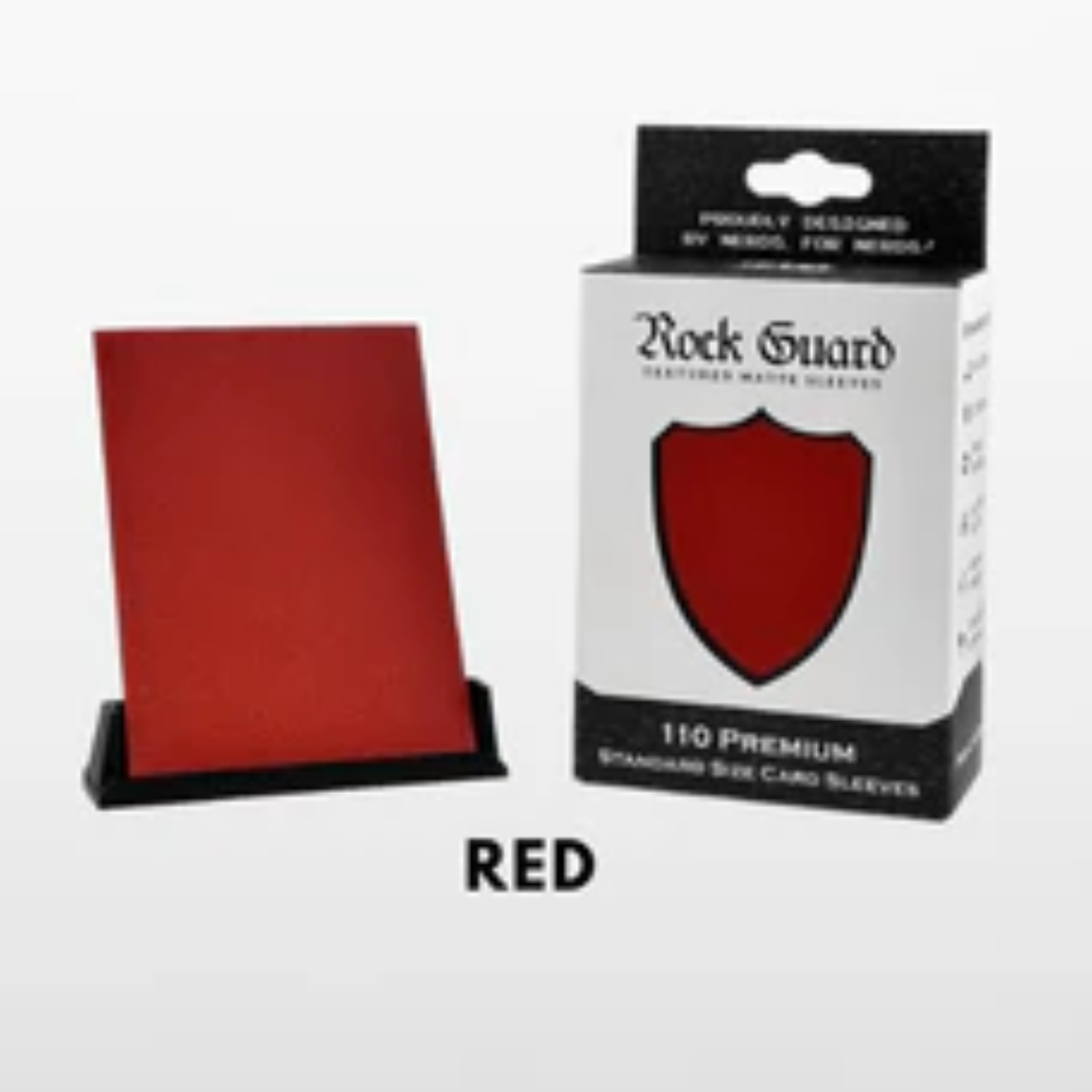 Nerd Gear Rock Guard Premium MTG Textured Matte Sleeves - 110 Pack displayed, featuring a red sleeve for trading-card protection and superior shuffling.