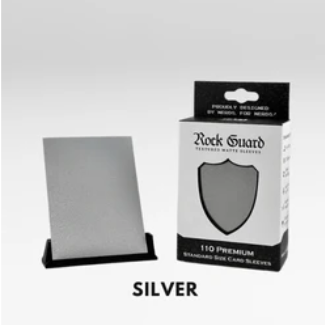 Nerd Gear Rock Guard Premium MTG Textured Matte Sleeves - 110 Pack, showcasing silver sleeve and box, ideal for card protection and smooth shuffling.