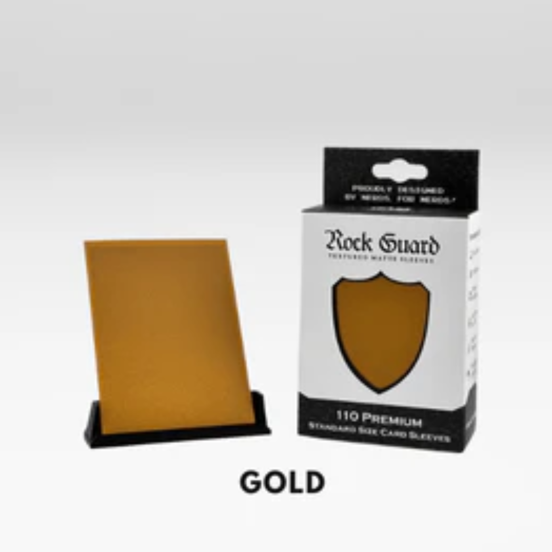 Nerd Gear Rock Guard Premium MTG Textured Matte Sleeves, 110 Pack, metallic gold, displayed with retail box, ideal for MTG decks, smooth shuffle experience.