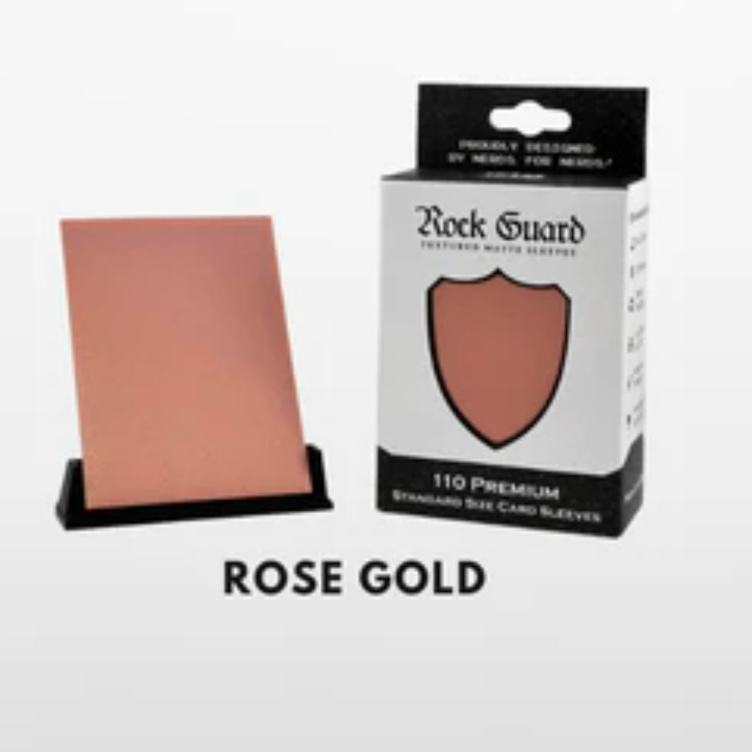 Nerd Gear Rock Guard Premium MTG Textured Matte Sleeves - 110 Pack, featuring a durable rose-gold sleeve and retail box for optimal card protection and smooth shuffling.