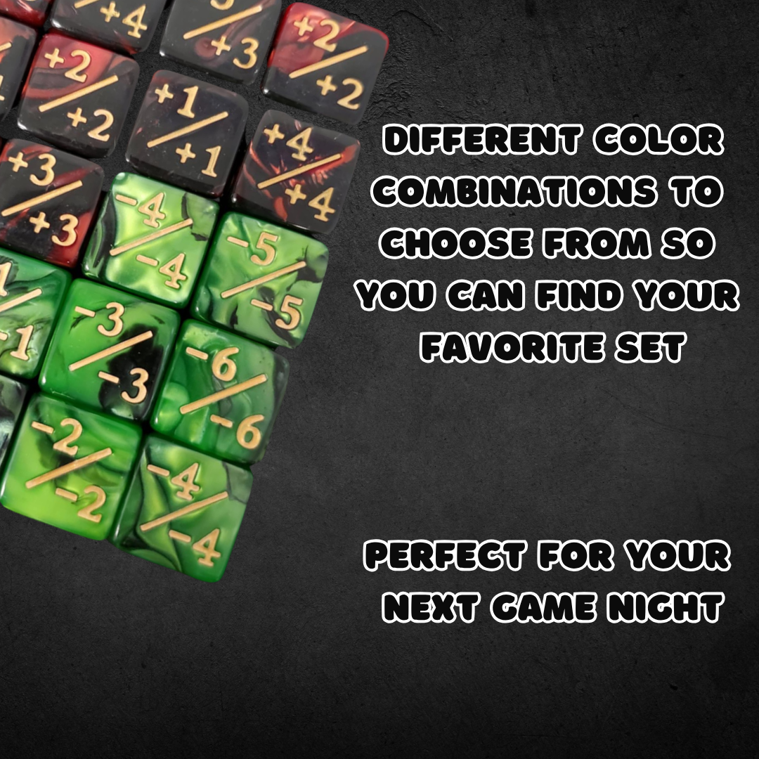 Counter and Stat Tracking Dice Set with swirled red-black and green-black designs, ideal for tracking game stats. Perfect for enhancing your gaming experience.