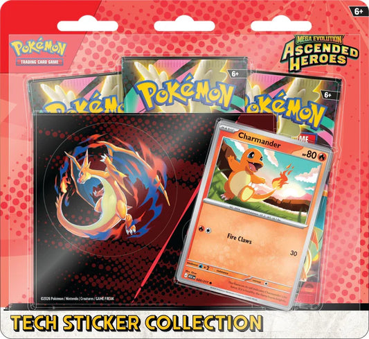 Pokémon TCG: Mega Evolution 2.5: Ascended Heroes: Tech Sticker Collection CHARMANDER blister pack with booster packs, Charizard sticker, and Charmander promo card.