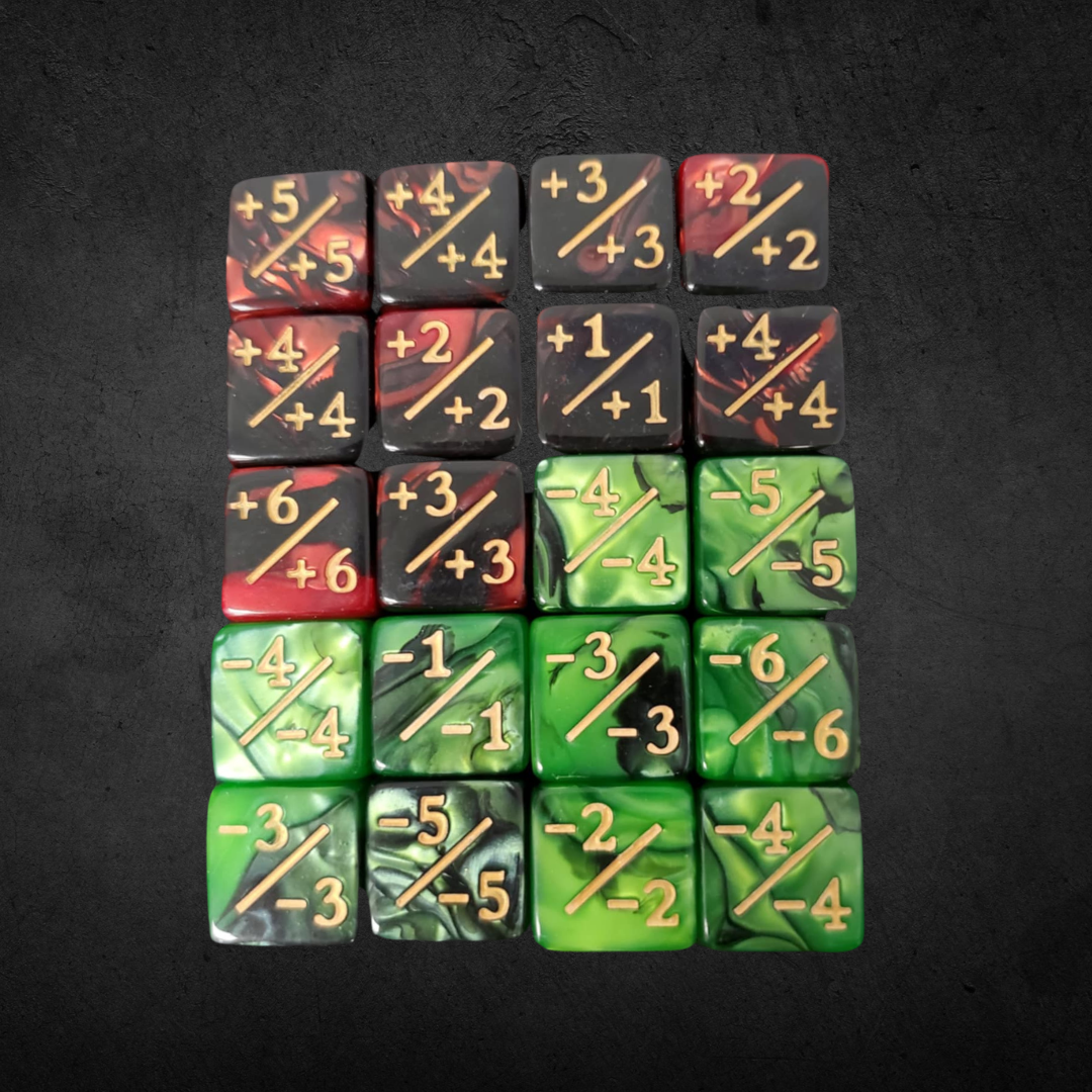 Counter and Stat Tracking Dice Set: 5×5 grid of custom dice, red for positive and green for negative modifiers, perfect for tracking in games.