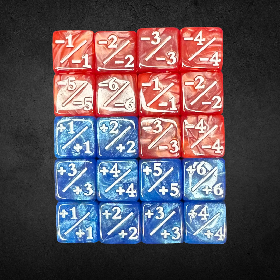 Counter and Stat Tracking Dice Set: 5×4 grid of custom dice showing power/toughness modifiers, ideal for Magic the Gathering gameplay enhancement.