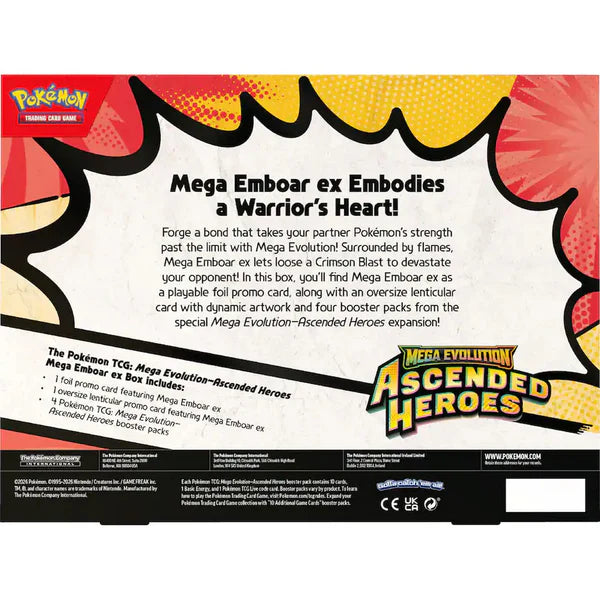 Back panel of Pokémon TCG: Mega Evolution 2.5: Ascended Heroes Mega Ex Box, featuring Mega Emboar ex promo cards and booster packs, with random box selection.