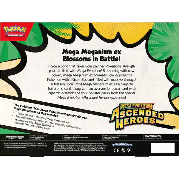 Pokémon TCG: Mega Evolution 2.5: Ascended Heroes Mega Ex Box (RANDOM) featuring promo cards, lenticular card, and four booster packs, sealed for collectors.