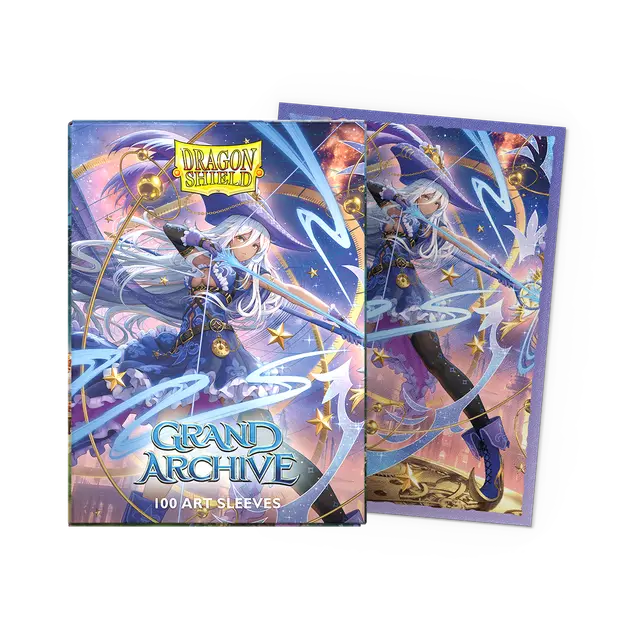 Dragon Shield: Art: Matte: Grand Archive: Diana, Moonpiercer (100) sleeves featuring a sorceress in purple robes, ideal for intense TCG battles and deck protection.