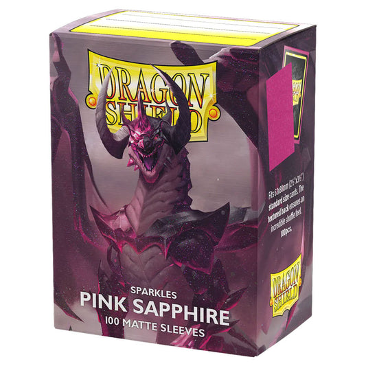 Dragon Shield Pink Sapphire - Matte Sleeves in a 100-count box, designed for standard 63×88 mm trading cards, offering durability and smooth shuffle-feel.