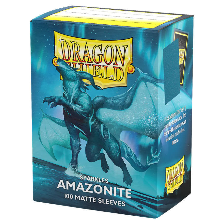 Dragon Shield Amazonite - Matte Sleeves, featuring a blue dragon, 100-count pack for trading cards, ideal for enhancing decks with sparkle and durability.