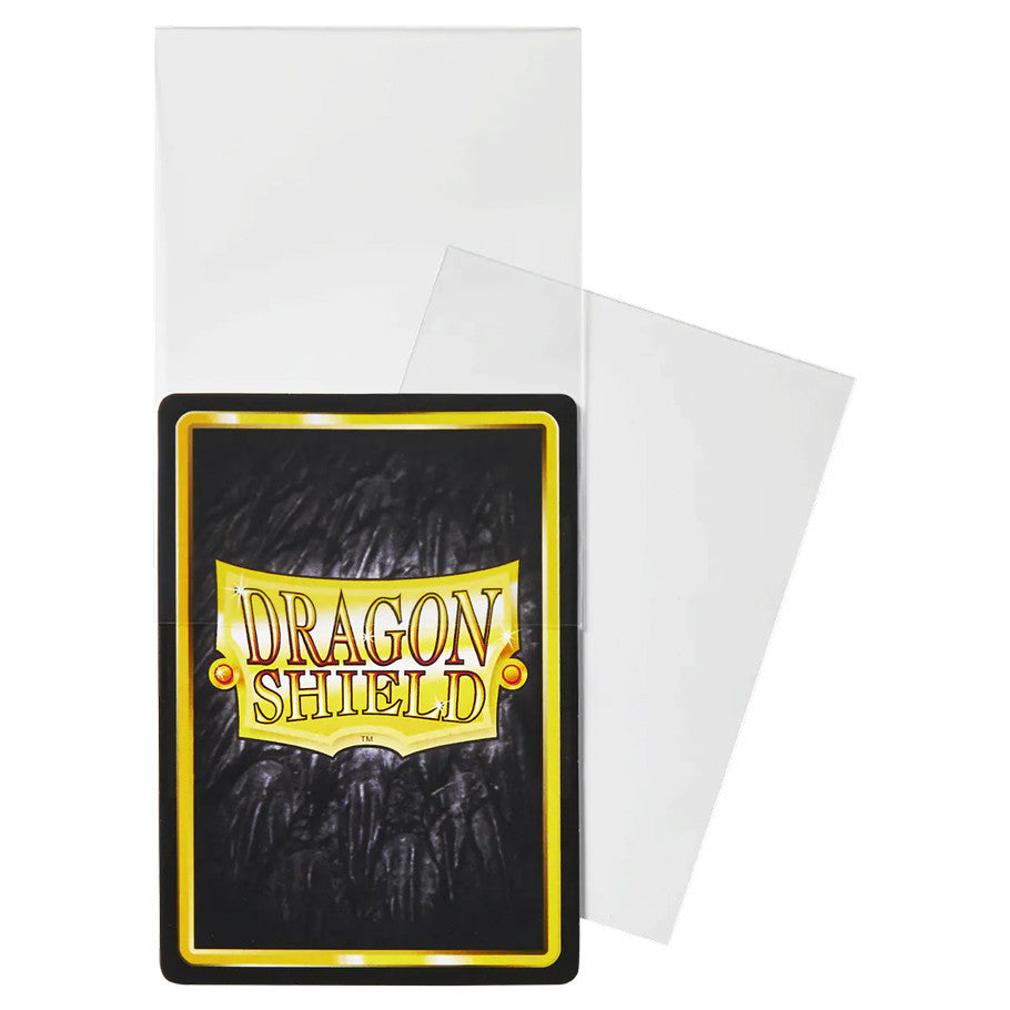 Dragon Shield - Toploading Perfect Fit: Thick Clear sleeves protect collectible cards, featuring one sleeve behind a Dragon Shield logo card backing and others fanned out.