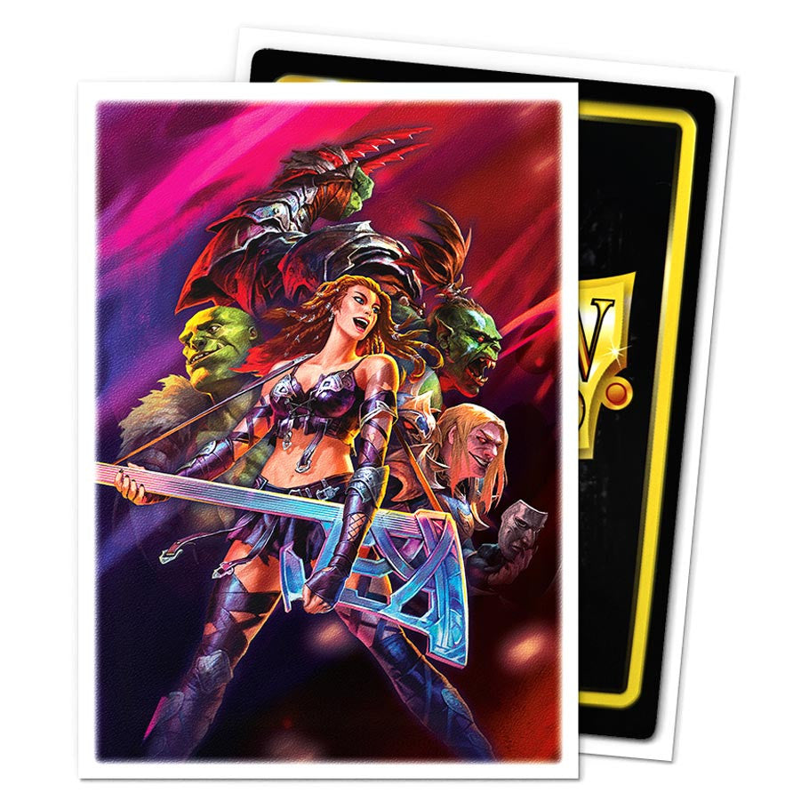Dragon Shield: Art: Matte: Flesh and Blood: Super Slam features a fierce warrior woman, axe-guitar in hand, ready to conquer the arena.