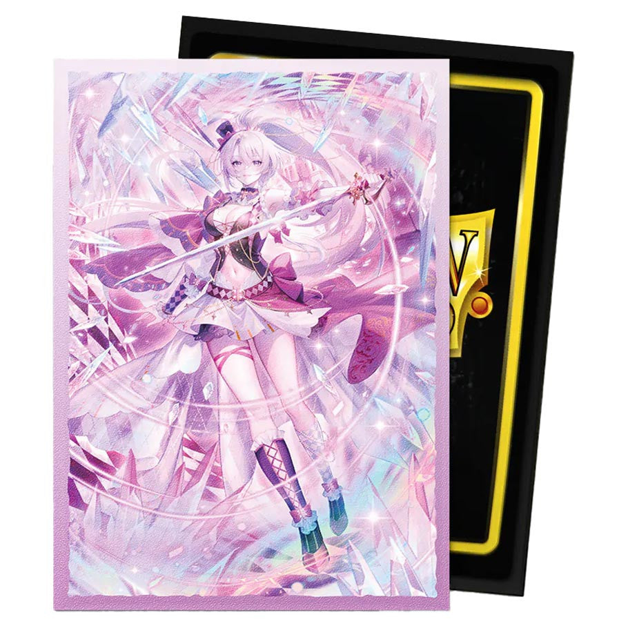 Anime-style illustration on Dragon Shield Matte Sleeve featuring a silver-haired woman in magical attire with swirling crystals, designed for trading-card game aesthetics.