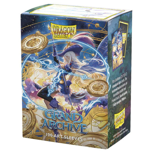 Dragon Shield: Art: Matte: Grand Archive: Chronowarp (100) sleeves with mage-and-clocks illustration, textured back for smooth shuffle, in a reusable box for standard cards.