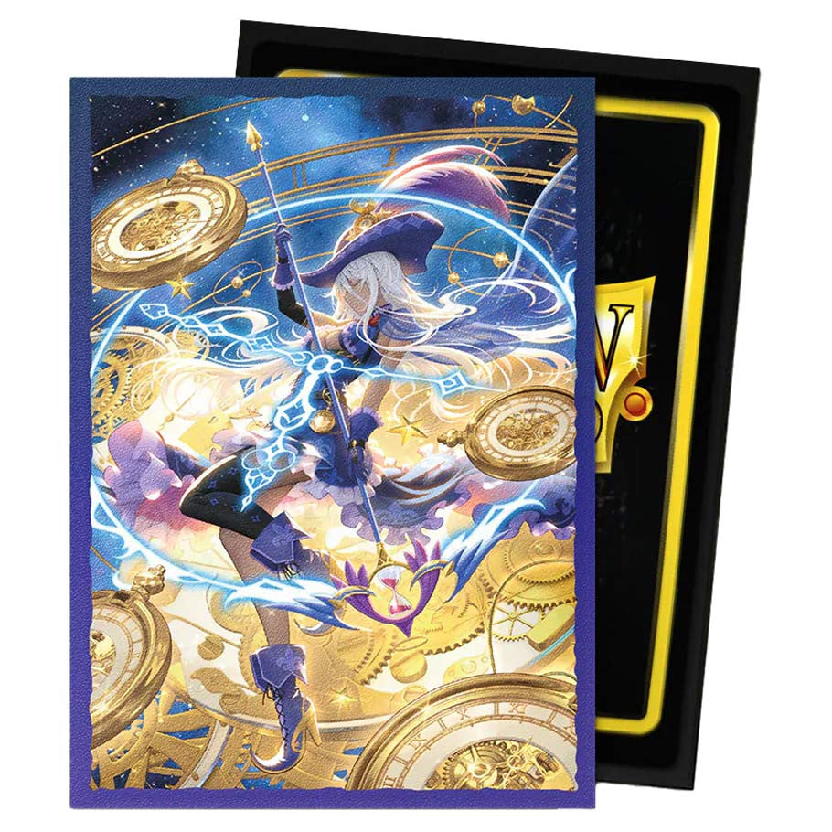 Dragon Shield: Art: Matte: Grand Archive: Chronowarp (100) sleeves featuring an anime-style time-mage with floating clocks, perfect for trading cards like Magic™ and Pokémon™.