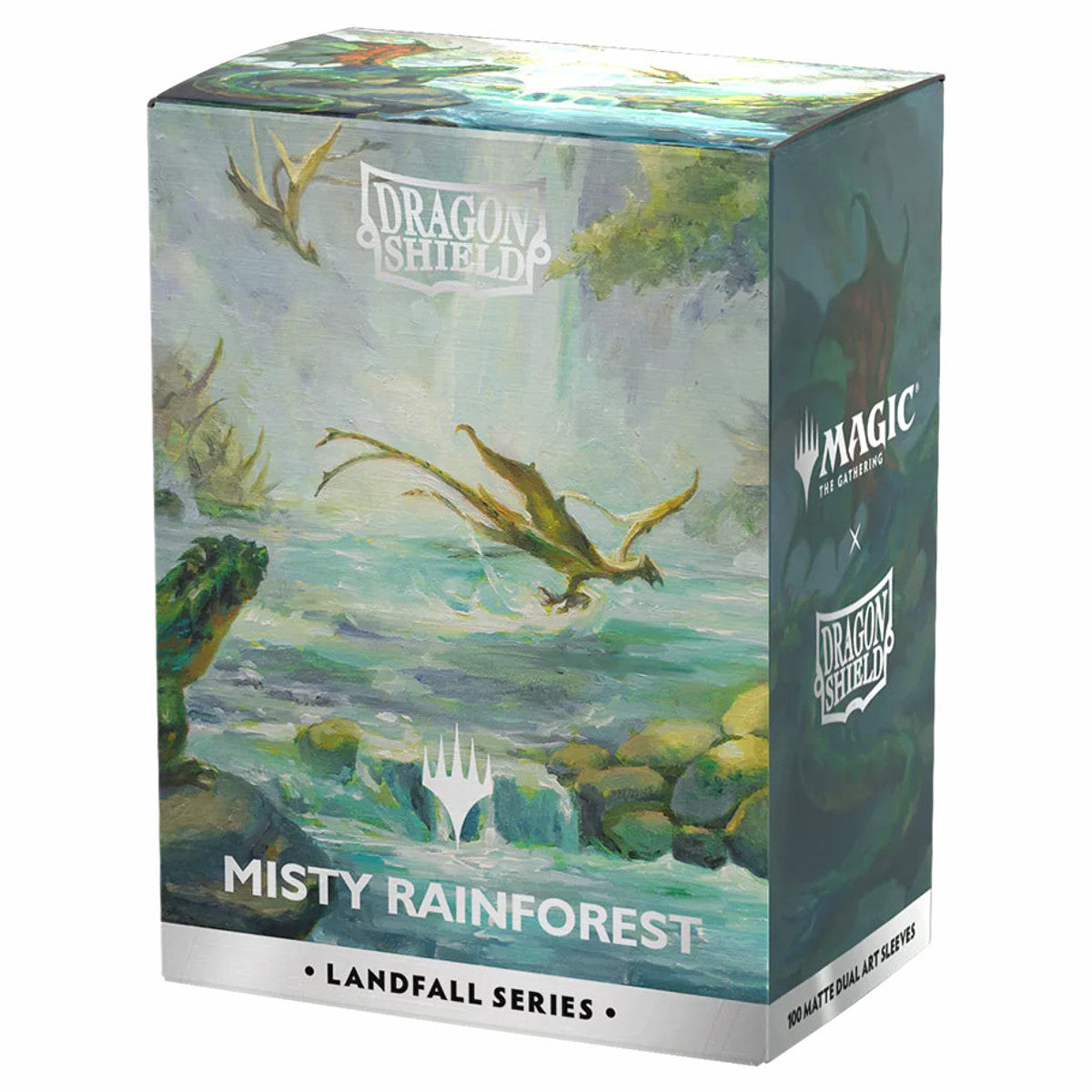 Dragon Shield: Art: Dual Matte: Magic the Gathering: Landfall Series: Misty Rainforest sleeves in display box featuring dragon and river artwork.