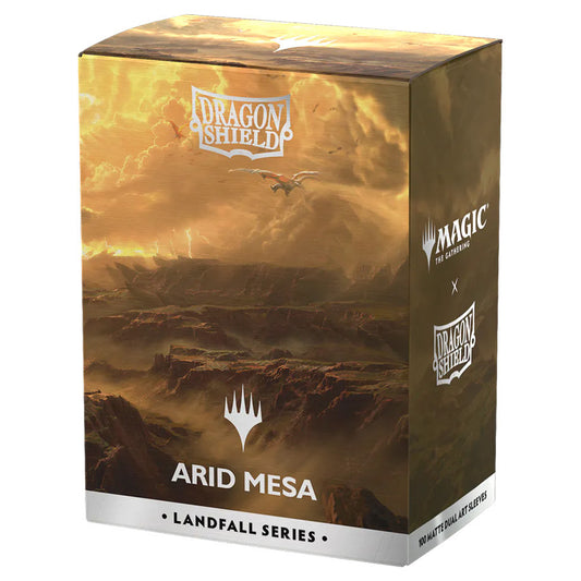 Dragon Shield: Art: Dual Matte: Magic the Gathering: Landfall Series: Arid Mesa card sleeves, featuring durable dragon-themed artwork for protecting trading cards.