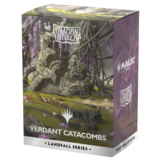 Dragon Shield: Art: Dual Matte: Magic the Gathering: Landfall Series: Verdant Catacomb sleeves box featuring overgrown ruins artwork, containing 100 durable trading card sleeves.