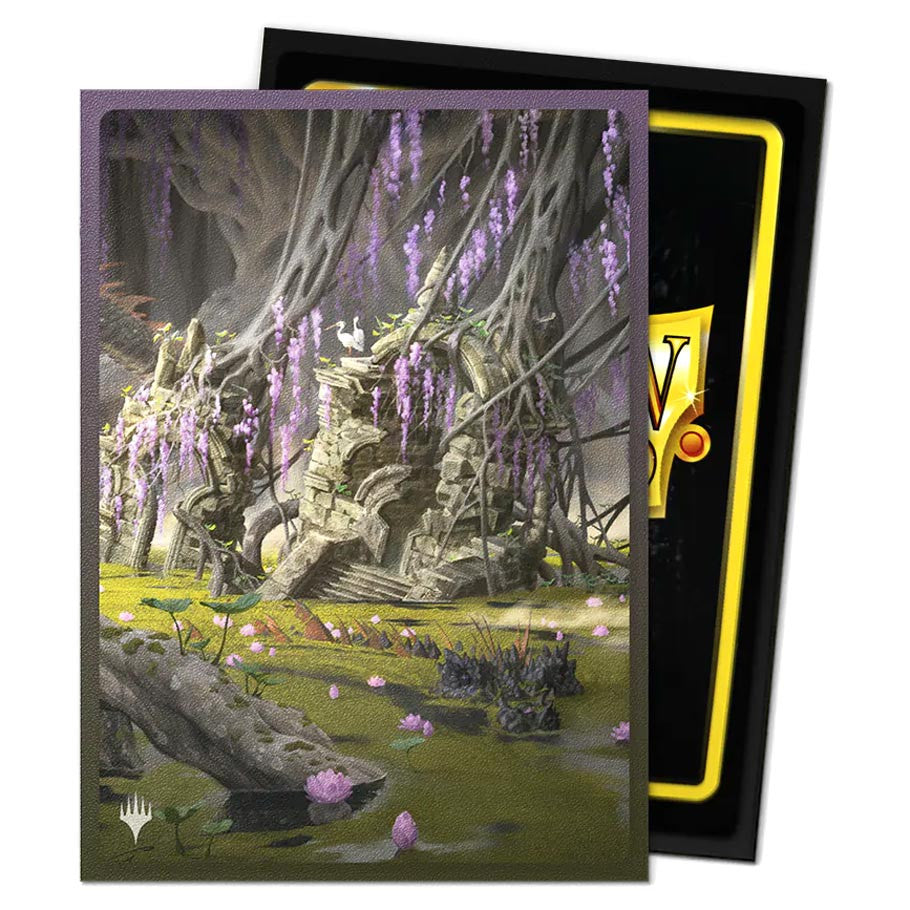 Dragon Shield: Art: Dual Matte: Magic the Gathering: Landfall Series: Verdant Catacomb sleeves featuring a moody swamp scene with ruins, waterbirds, and MTG planeswalker symbol.