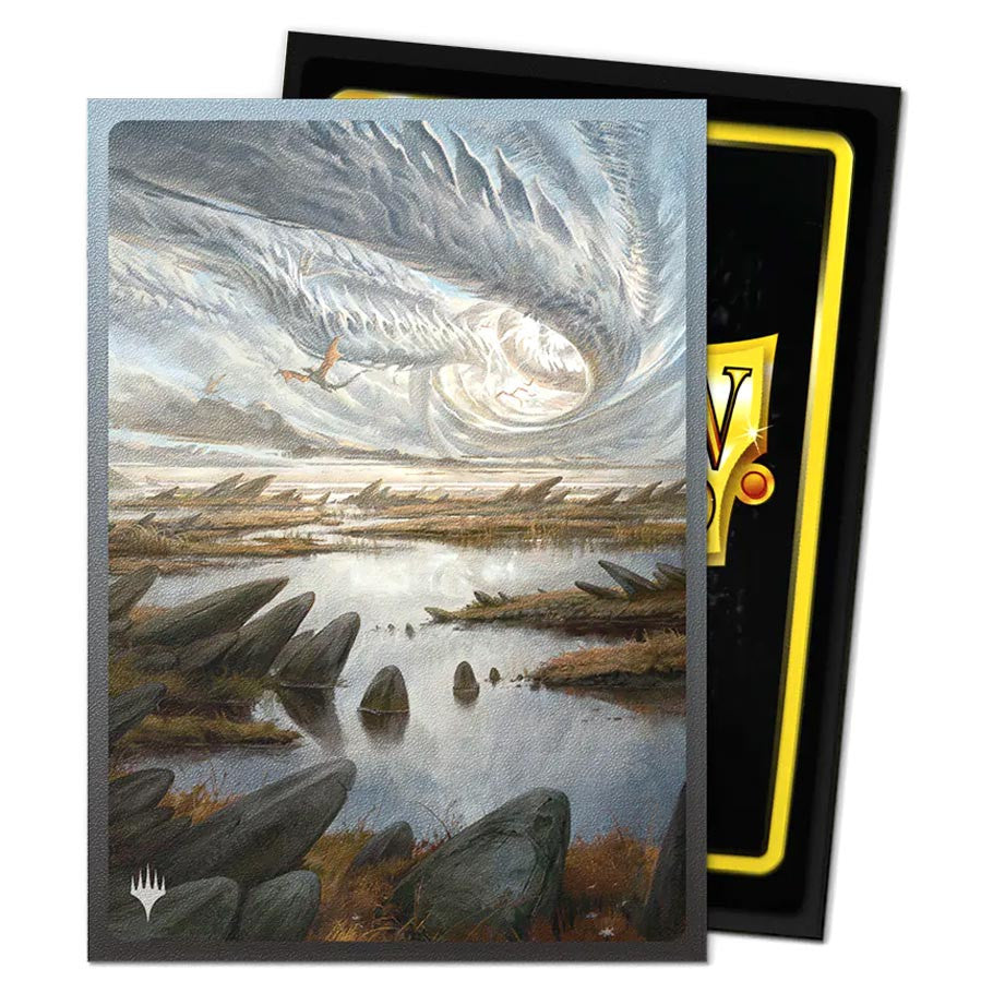 Dragon Shield: Art: Dual Matte: Magic the Gathering: Landfall Series: Marsh Flats sleeves feature a fantasy landscape with storm clouds and dragons.