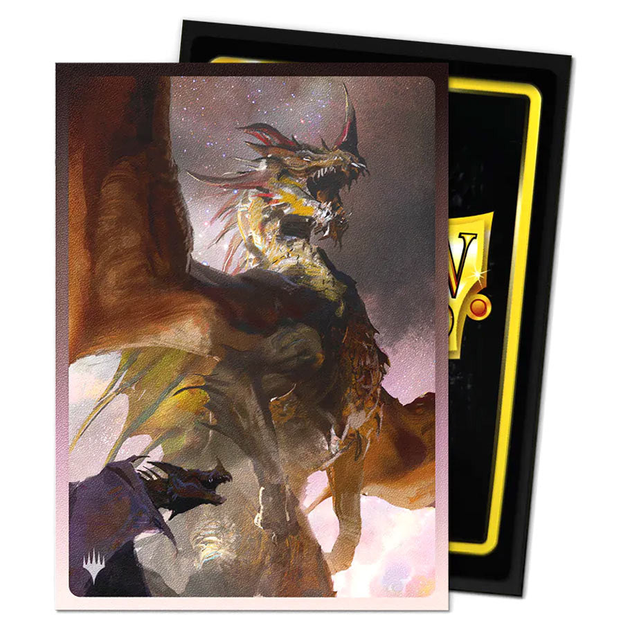 Dragon Shield: Art: Dual Matte sleeve featuring The Ur-Dragon with a gold dragon design and solid black back, perfect for MTG collectors.