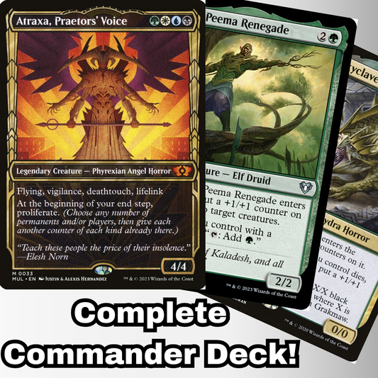 MTG Commander Deck featuring Atraxa, Praetors' Voice in a custom 100-card deck by Moonveil Games, designed for casual EDH play with +1/+1 counters and proliferation.